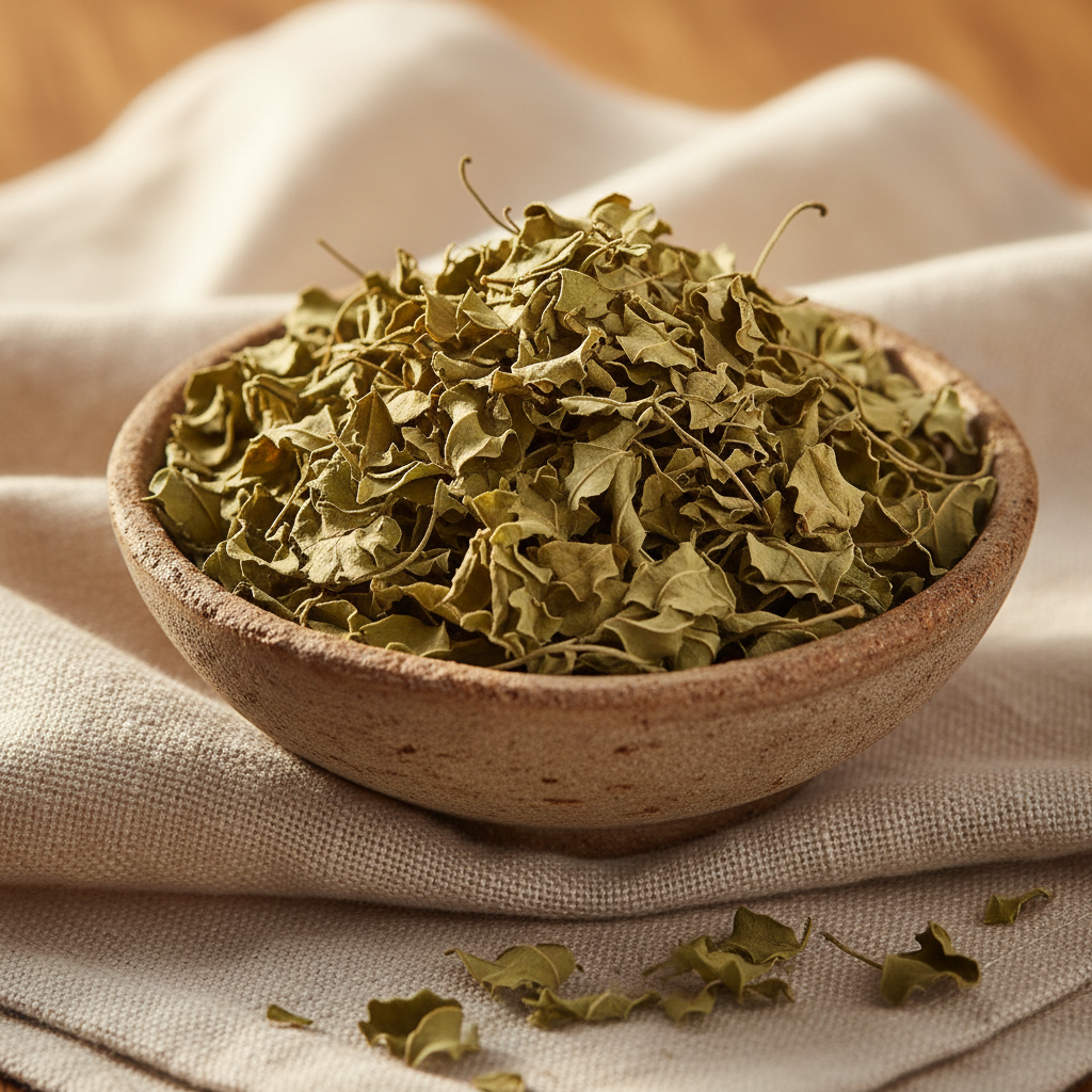 Sun-dried kasuri methi fenugreek leaves in a bowl