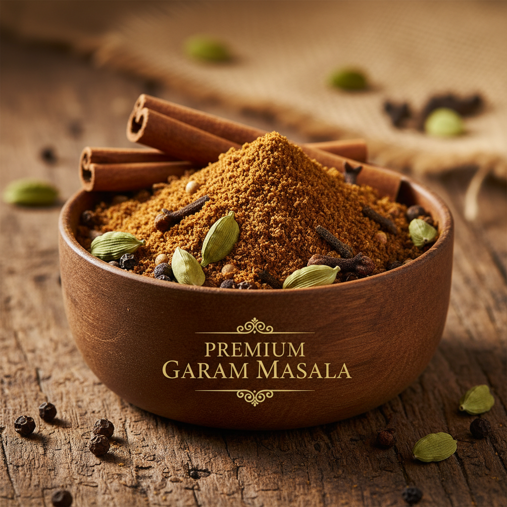 Garam masala blend with whole spices in a wooden bowl