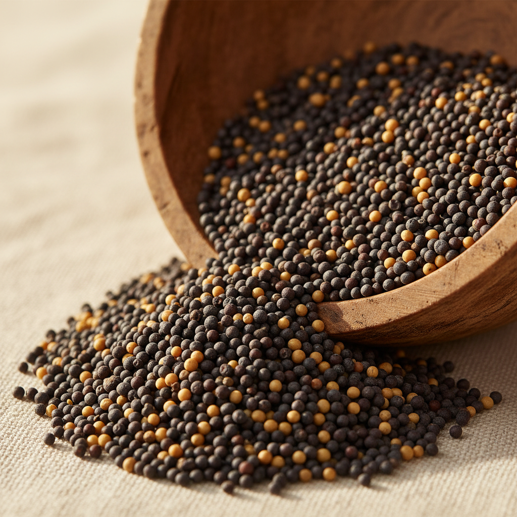 Mustard seeds rai spilling from a rustic bowl